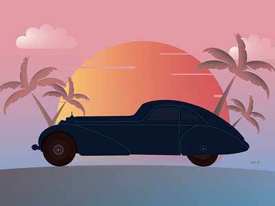 Mercedes 300L in an evening view of a costal area. design flat illustration minimal vector