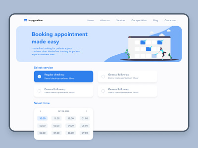 Clean interface for appointment booking site appointment booking dental dental website design doctor flat illustration illustration landing page design logo minimal ui ux webdesign
