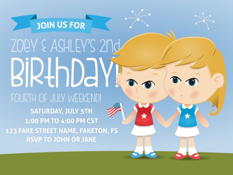Invitation birthday illustrator party fourth of july kids cute