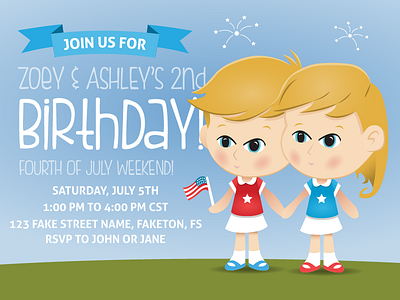 Invitation birthday cute fourth of july illustrator kids party