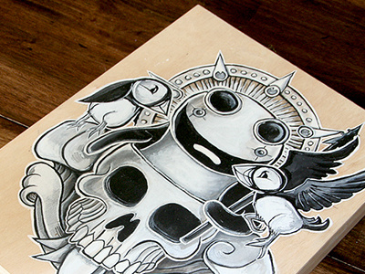 Demons 1 - Tribute acrylic art birds black board fine art ink skull white wood