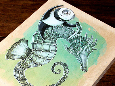 Demons 2 - Submission art black board demons fine art green ink seahorse watercolour white wood