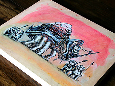 Demons 3 - Migration art board demons ink paint painting scifi spears watercolour wood