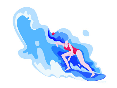 Summertime blue girl red sea surf surfing vector