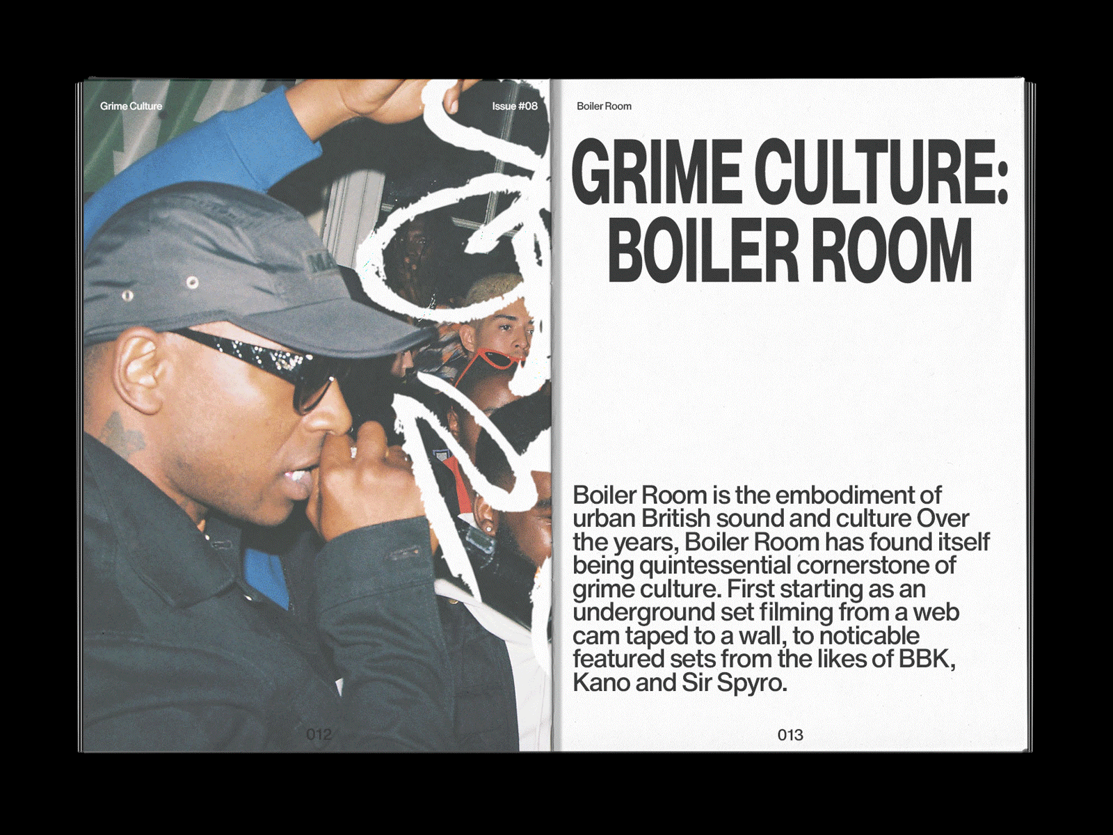 GRIME CULTURE: Boiler Room concept design editorial graffiti grime grunge layout magazine music print spread type typography whitespace zine