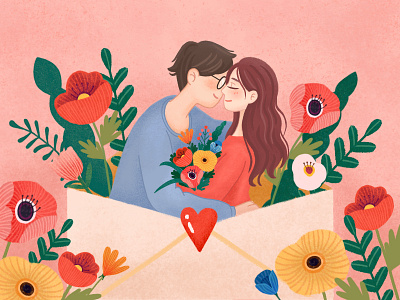 So in love boy flower girl illustration love lovers valentines day