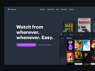 Stremio's Website Redesign app concept dark dark mode design mac product product page redesign stream stremio