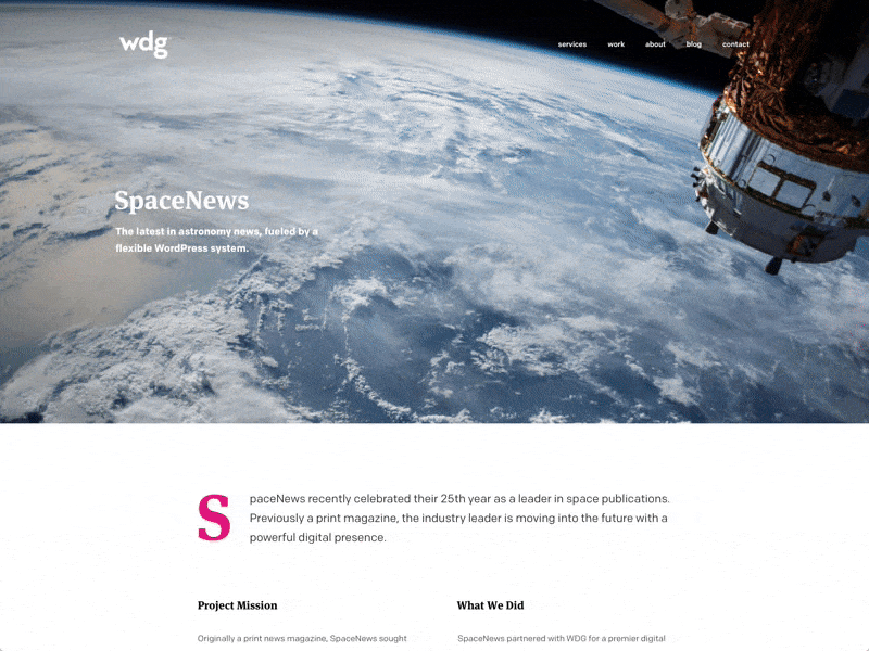 WDG Case Study - SpaceNews agency big typography case study large type news numbers presentation project view space web design work display