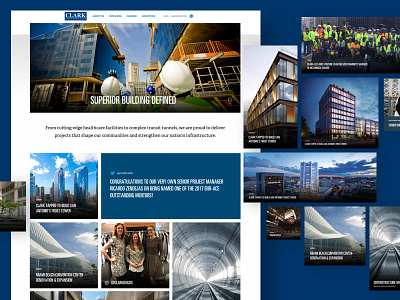 Clark Construction Homepage building construction flexible system home page interface lego block megafooter modular social media ui design ux design web design