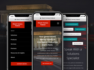 Hitachi Vantara Federal Mobile Home + Menu dark federal government information technology responsive solutions ui design web design