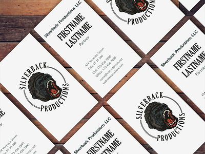 Silverback Productions business card version 1 angry ape badge black branding business card gorilla graphic design illustration logo primate productions project retro round silverback square vintage