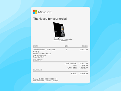 Email Receipt - Daily UI Challenge 17 challenge daily dailyui email microsoft receipt studio surface ui