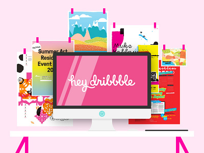 Hey Dribbble! computer debut desk desktop illustration imac shot vector