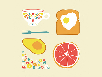 Breakfast Essentials avocado breakfast cereal egg grapefruit illustration tea toast