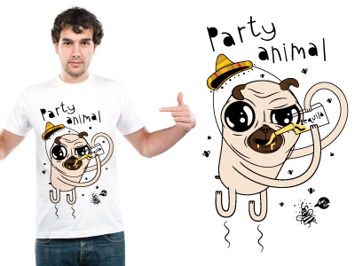 Party Animal alcohol animal apparel awesome dog drunk graphic illustration lol party pug puppy sombrero t shirt tequila