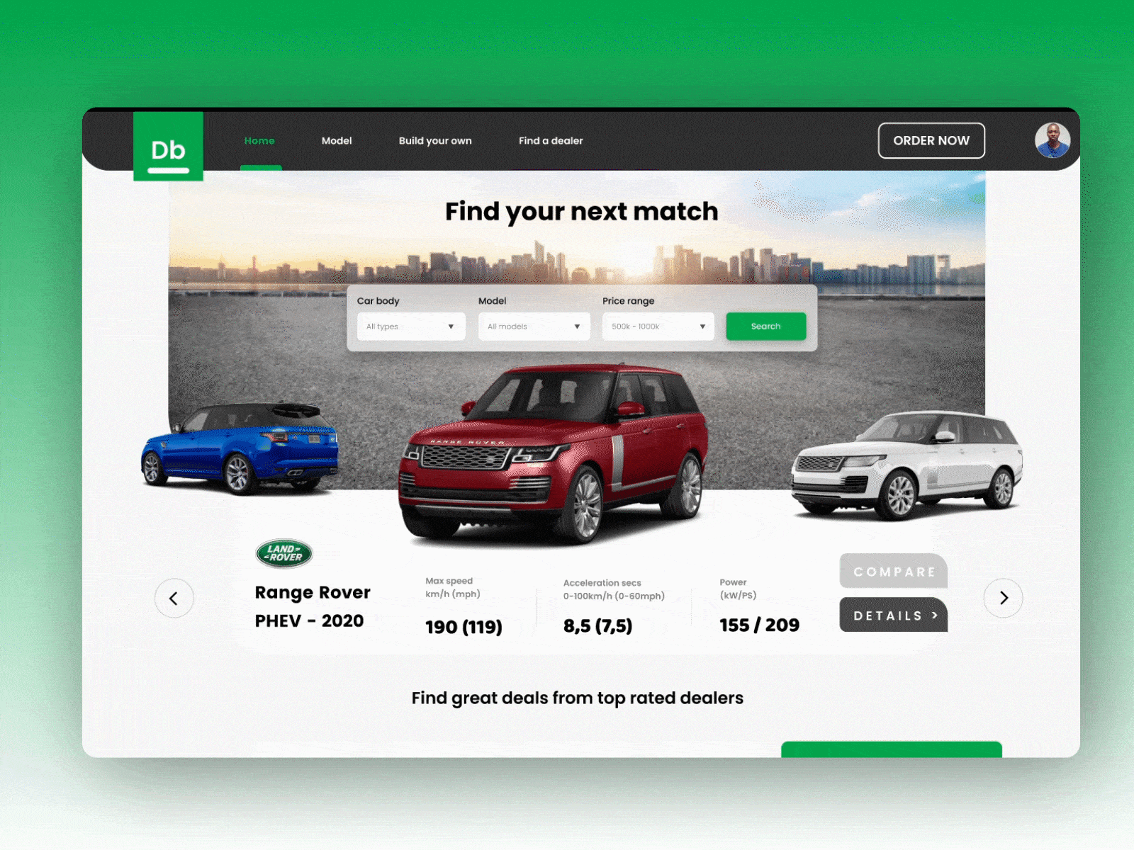 Car buy landing page car clean daily ui hire landing page ui landingpage range rover ux