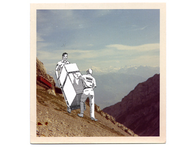 Untitled (Careful Now) alps andy ducett art collage delivery men ducett juxtaposition mountains moving photograph refridgerator steep incline
