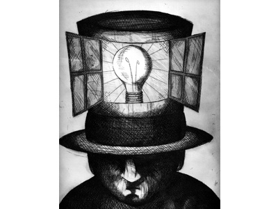 Birth Of Idea andy andy ducett bw drawing ducett etching hi contrast intaglio light bulb top hat value