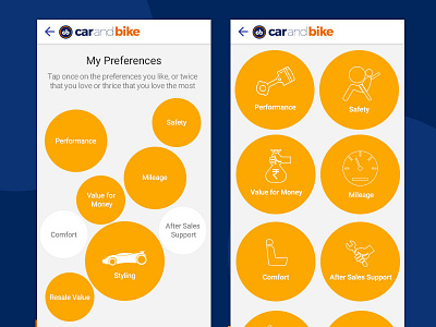 Tapping Car Preferences in Mobile App automotive car icons mobile