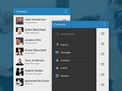 Contacts & Navigation Drawer android app clean contacts flat navigation drawer ui wip