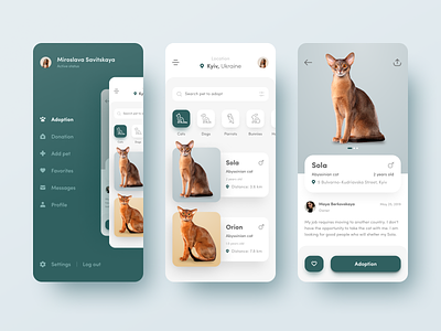🐈 Pets Adoption App 🐶 animals app application cat catalog clean color figma green white ios line icons minimal material mobile pet adoption concept search side menu social ui user interface