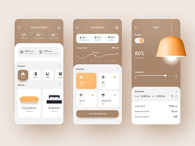 🧠 Smartest Home App 🏠 app application brown white orange yellow clean color concept dashboard devices controlling figma filed icons ios iot lamp light material minimal mobile room smart home ui user interface