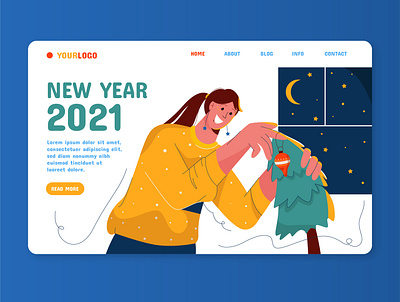 New year landing page character christmas color colorful cute design girl illustration landing minimal new night page tree ui vector web woman year