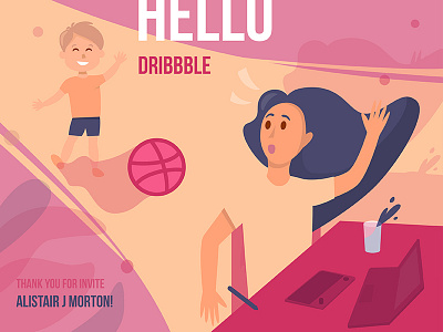 Hello Dribbble! character debut first hello illustration mother new pink shot vector
