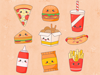 Kawaii Junk food art character cute design fast food illustration junk kawai kawaii red texture vector