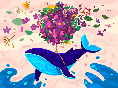 Flying whale blue character color colorful cute design floral flower fly illustration vector whale