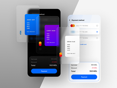 Payment Method - Night Mode vs. Active card color cool creative creditcard dark design mastercard model modern payment ui ux visa