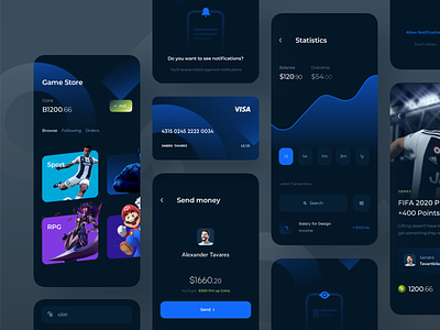 Game Store App Exploration add photo add product allow notifications banking app browse buy card dark theme fifa 20 game store gaming gaming app graphs redeem registration form send money stats subscription transactions verify identity