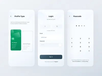 Game Store App — Profile, Login, Passcode (Light Theme) account app authorization game store light theme login app login design login screen ndro new account passcode pro player profile profile design profile page profile type registration sign in sign up subscription