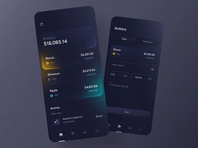 Crypto Wallet App application banking app bitcoin bitcoin wallet bitcoins coins crypto cryptocurrency dark theme ethereum financial financial app fintech app graphic money money transfer moneytransfer ripple send withdrawal