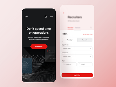 App Exploration app app screen apple application apply filter black black and white filters hr platform hrms illustration network recruiters recruiting red red app saved searches splash screen