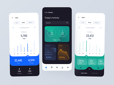 Health App activity activity feed activity stream activity tracker app blue dark theme fitness fitness app fitness club fitness tracking flat green health health app healthy running running app steps tracker