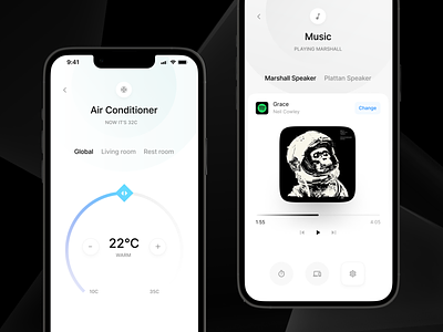 Smart Home App air air temperature app bluetooth clean design exploration ios music music playing music streaming platform smart home smart home app streaming temperature