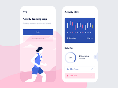 Traq — Home Screen & Activity Stats blue clean fitness fitness app fitness tracker fitness tracking home app home page home screen minimal ndro pink pink and blue sandro tavartkiladze statistics stats tavdro tracking ui whitespace