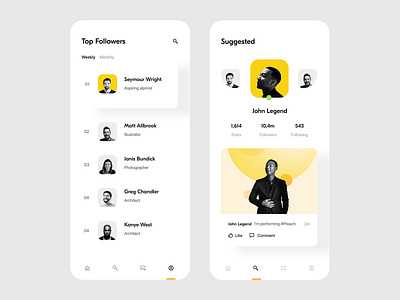 Piq Social — Top Followers & Suggested Profiles app clean grid interface john legend minimal minimalism mobile pictures sandro sandro tavartkiladze social tavartkiladze tavdro ui uiux ux white whitespace yellow