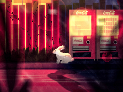 Rabbit in a Thunderstorm bunny character cocacola coke illustration night purple rabbit red street thunderstorm vending machine