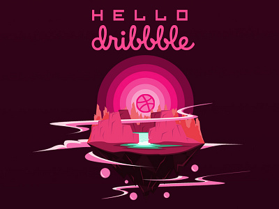 Hello Dribbble 2d abstract clean dribbble floating hello island landscape pink sky