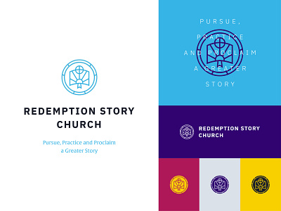 Redemption Story Church Branding blue branding church branding church logo design flat icon illustration illustrator linear icons logo typography vector