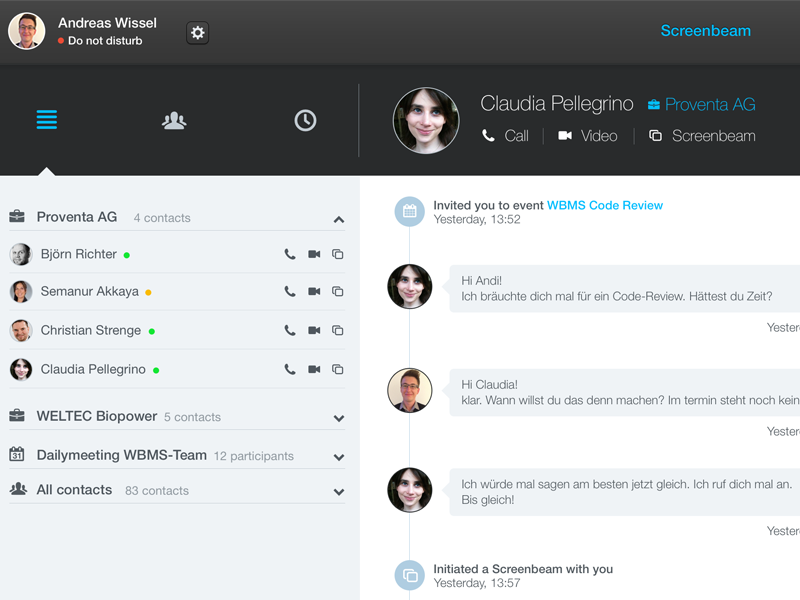 Office Communicator Mockup chat communicator web app nodejs clean minimalistic grey white blue flat ui