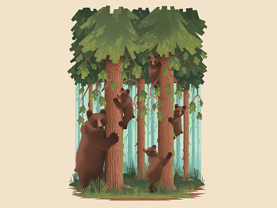 Mama Bear and Her Cubs bears digitalartist forest grizzly illustration leaves nature outdoors photoshop pine tree plants trees
