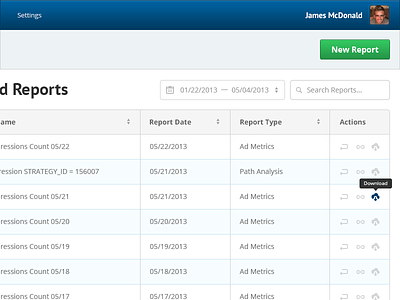Reports Table actions button date layout list reports search sort sortable striped table tables ui web