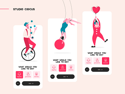 Studio Circus 🎪 app art children circus class clown event gymnastic illustration illustrator mobile app onboarding painting personage register screen show steps studio ticket