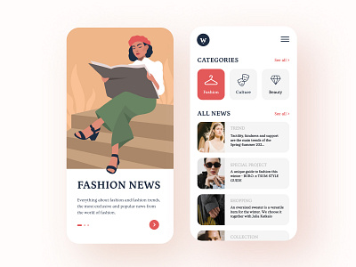 Fashion News App beauty categories character concept culture fashion illustration flat girl character graphic logo mobile app news onboarding paris ui