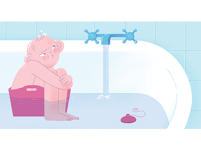 Little boy baby bath illustration sad