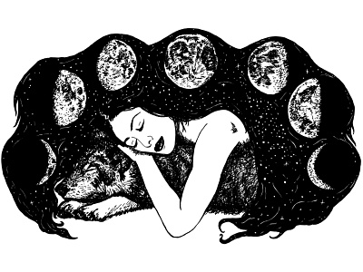 The Wolf and the Moon black and white digital illustration fantasy goddess illustration moon mythology wolf