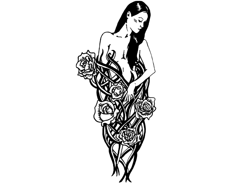 Five of Wands black and white digital illustration feminine flower illustration linework nude rose tarot tattoo